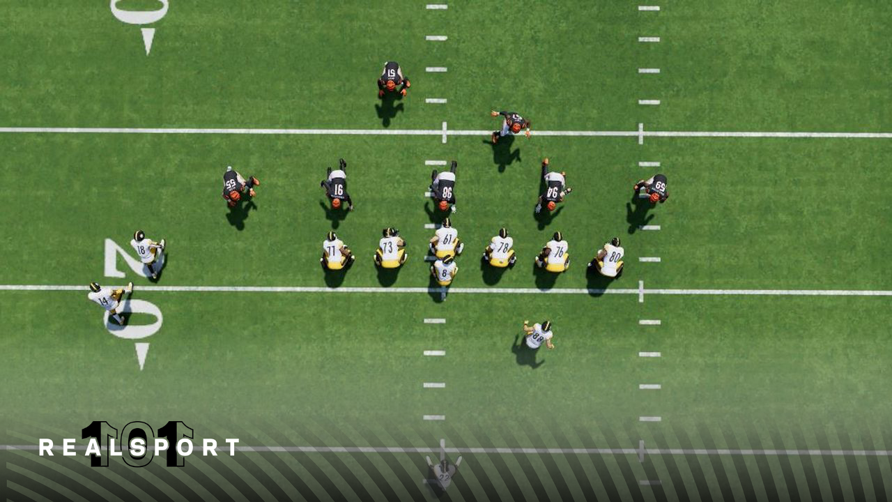 An over-head shot of the Steelers offense and Bengals defense in Madden 24 just before the ball is snapped