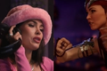 A screenshot of Megan Fox and Nitara in the "Mortal Kombat 1 - Official Megan Fox Becomes Nitara Trailer" YouTube video.