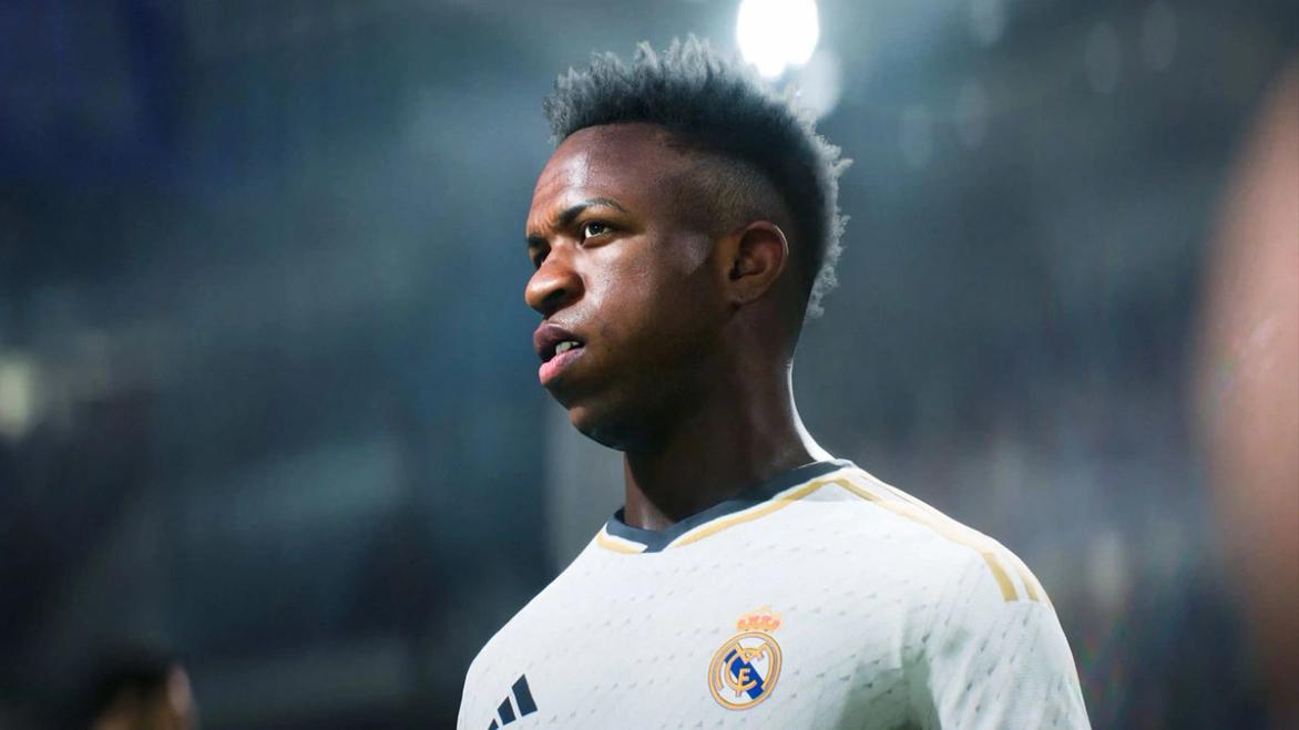 Close-up of Vinícius Júnior wearing his white Real Madrid kit in EA FC 24.