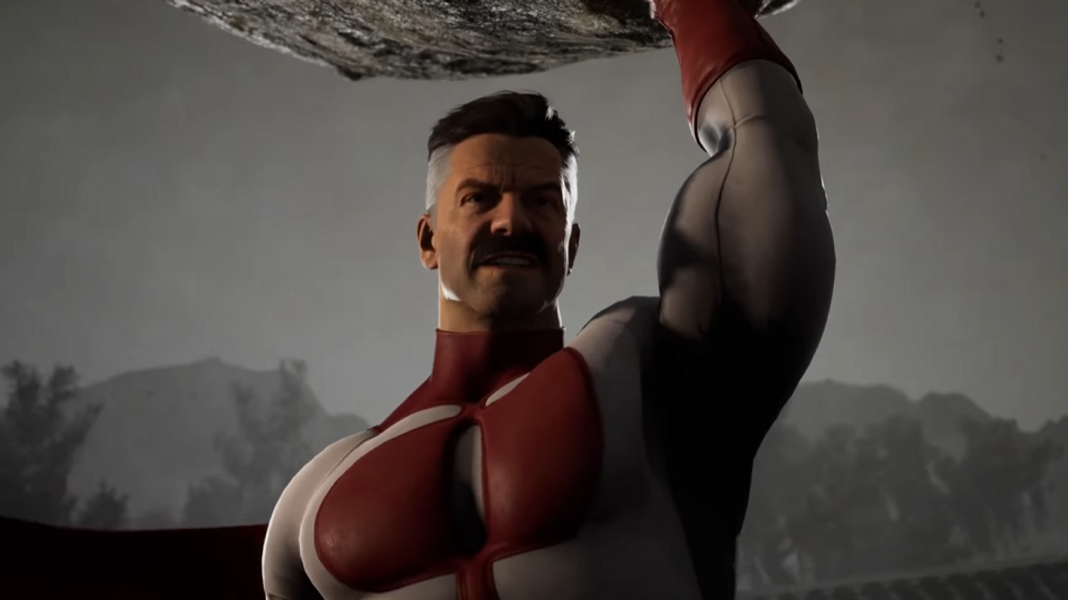 A screenshot of Omni-Man from the "Mortal Kombat 1 - Official Omni-Man and Tremor Gameplay Reveal Trailer" YouTube trailer.